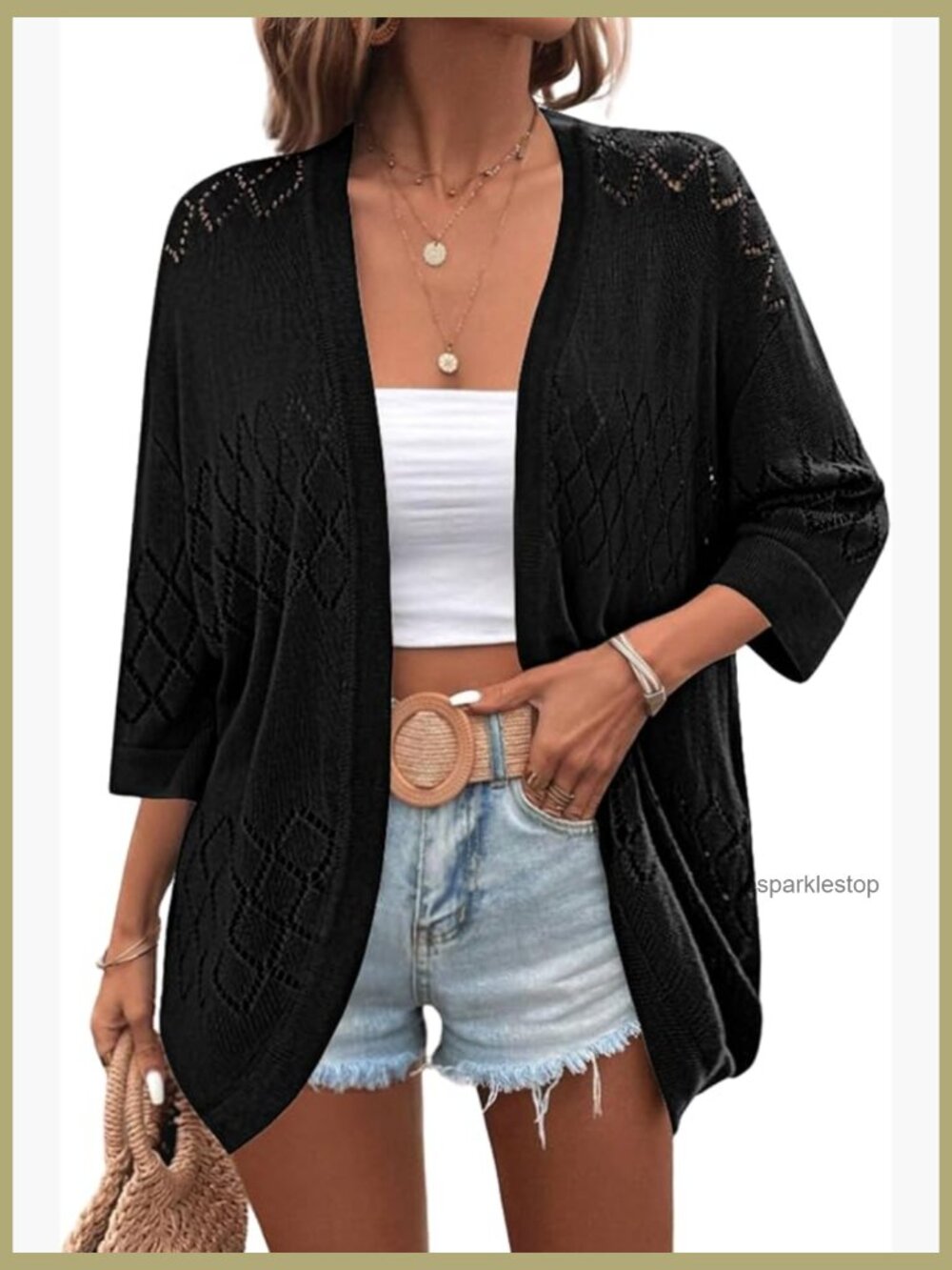 Lightweight Crochet Knit Cardigan 3/4 Sleeve Open Front Boho Cover Up